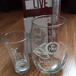 Novelty "60" set of 2 shot glasses w/ metal straw